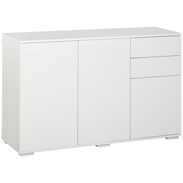 HOMCOM Buffet de Cuisine avec Tiroirs à Ouverture par Pression et Armoires de Rangement en Blanc. Présente un design Moderne avec Deux Tiroirs à Pression, Armoires à Deux Portes et un Plateau Plat. Fabriqué en Panneau de Particules avec Sangles Anti-Basculement pour la Sécurité. Comprend une Tablette Mobile dans la Petite Armoire pour un Rangement Personnalisable. Dimensions : 46,1 Pouces de Large, 14,2 Pouces de Profondeur et 29,1 Pouces de Hauteur. Convient pour Ranger la Vaisselle, les Verres, les Livres et Plus dans les Salons, les Salles à Manger Ou les Bureaux.