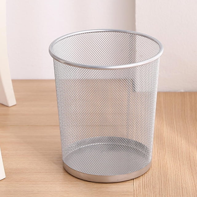 Dvkptbk Garbage Can Metal Meshround Garbage Can Trash Bin Wastebasket crafted from durable silver metal mesh with a breathable and sturdy design. Suitable for bathrooms, bedrooms, offices, kitchens, and small spaces. Features a large opening for easy disposal and measures 26x23x18.5cm. A practical home essential for trash and recycling needs.