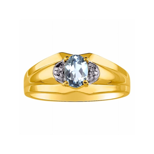 RYLOS Mens Rings 14K Yellow Gold Classic Design 7X5MM Oval Gemstone & Diamond Aquamarine March Birthstone Ring Size 10