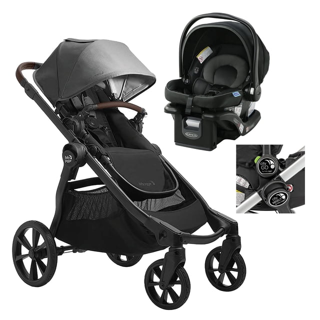 Baby Jogger City Select 2 Echo stroller with glider board and Graco Gotham car seat bundle. This 3-in-1 travel system features a sleek black design, adjustable seating for one or two children, durable wheels, and a compact fold for efficient storage. Includes a glider board for older siblings and a Graco Gotham car seat for infants, providing a versatile solution for growing families.