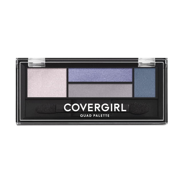 COVERGIRL Eyeshadow Quads in a black rectangular palette with a clear lid, featuring four luminous shades in light pink, lavender, gray, and blue, enriched with skin conditioners for smooth, even application, plus a dual-ended sponge applicator for all-over, lid, crease, and liner use.