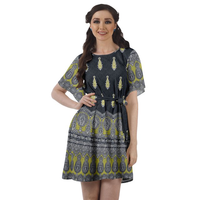Moomaya Robe Femme Imprimée Col Bijou Ligne A Décontractée Ample Tunique Courte Bohème