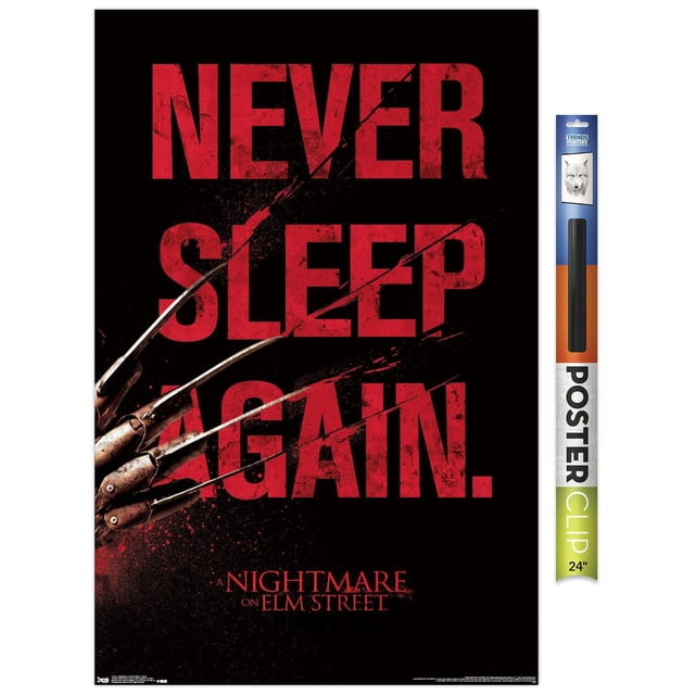 Un Cauchemar sur Elm Street - Affiche Murale de Sommeil, 22,375 Po x 34 Po Encadrée, avec Texte Rouge Usé « Ne Jamais Dormir de Nouveau » sur Fond Noir avec le Gant Griffé de Freddy Krueger Tranchant les Lettres, Convient à la Décoration Murale de Chambre, de Bureau Ou de Fête.