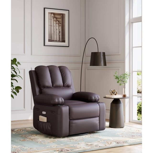 Garvee Oversized Electric Recliner Chair - 360° Rocker Swivel, PU Leather, Heat and Massage, Brown