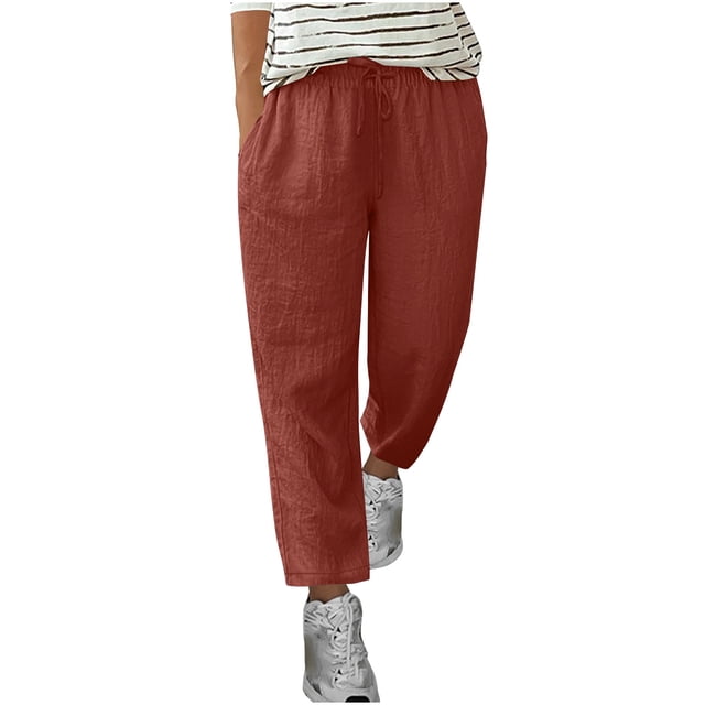 Yuyuzo Womens Cotton Linen Pants Drawstring High Waisted Lounge Pants Straight Leg Cropped Trousers