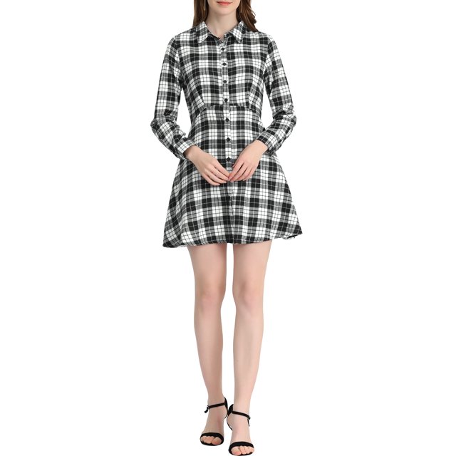 INSPIRE CHIC Robe Ligne A à Manches Longues à Carreaux pour Femmes avec Col Pointu et Boutons S Blanc