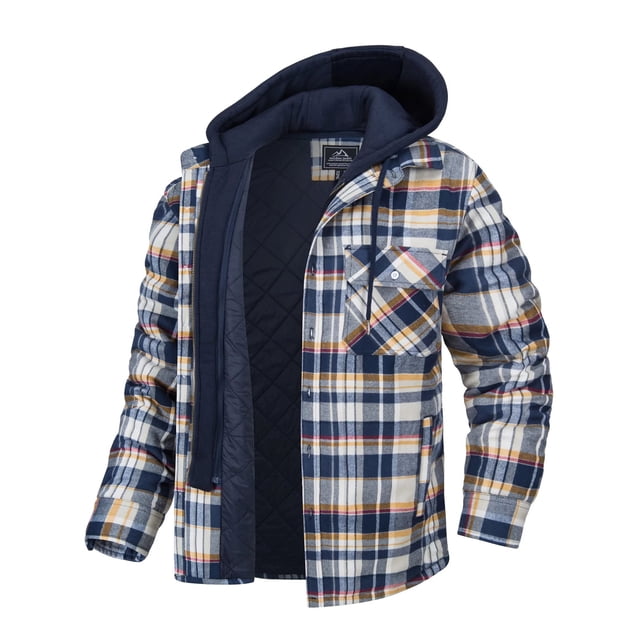 MAWCLOS Men's Flannel Hooded Coat Winter Plaid Jackets in orange, size 2XL. A men's outerwear piece featuring a quilted lining, plaid pattern, and hooded neckline. Made of 65% polyester and 35% cotton for warmth and comfort during autumn and winter. Includes button cuffs, drawstring hood, and pockets, ideal for casual wear and winter outdoor activities.