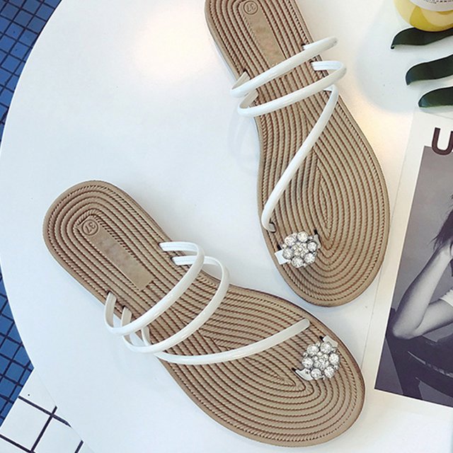 LSLJS New Set Toe Women's Roman Style Flat Bottom Diamond Herringbone Women's Slippers