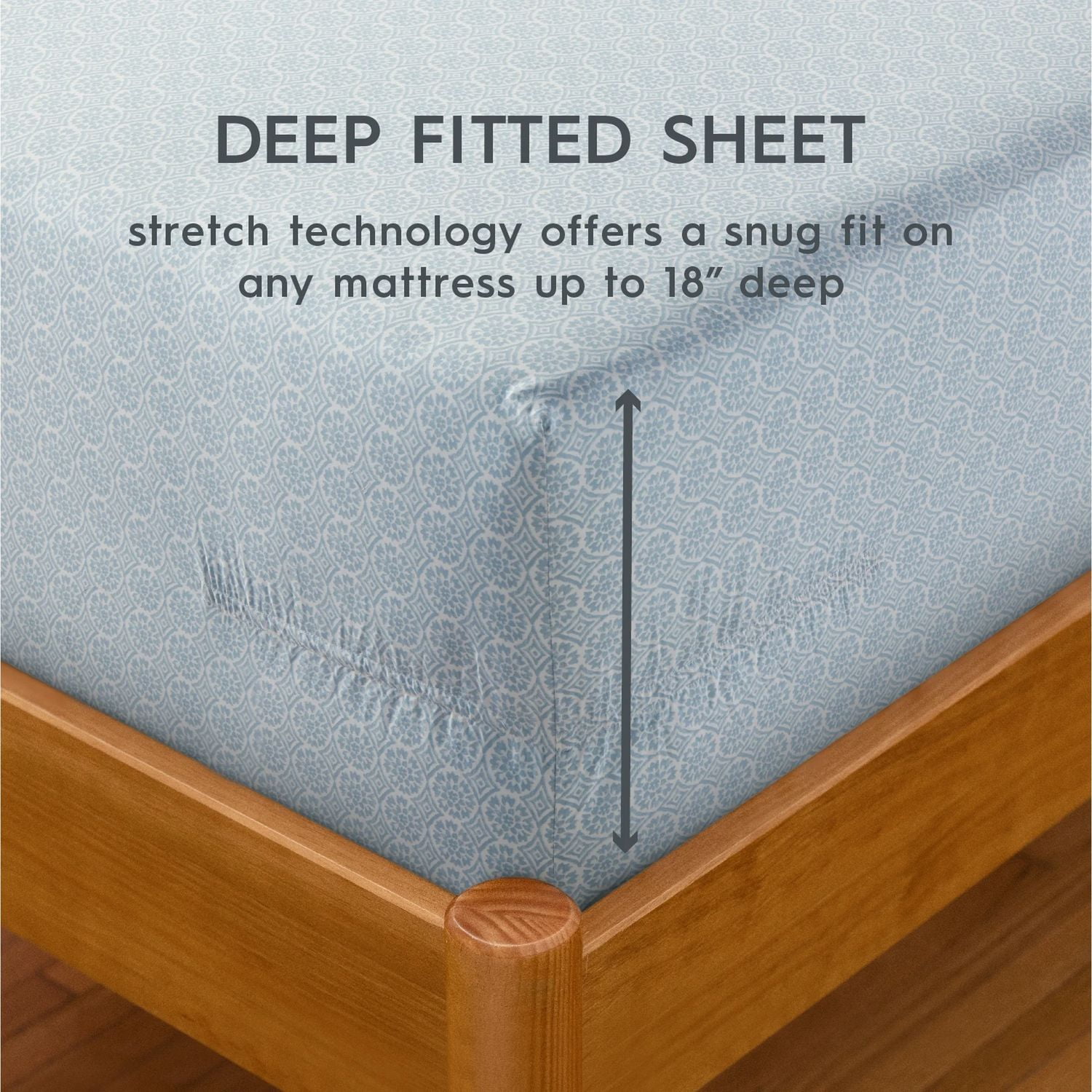 Better Homes & Gardens Ensemble de draps en satin de coton 300 fils, 4 pièces – Eau bleue Suzani, Très grand lit (King)