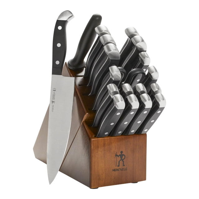 HENCKELS Statement 20 Piece Knife Block Set featuring a variety of stainless steel knives, including paring, utility, boning, santoku, bread, carving, chef's knives, steak knives, kitchen shears, and sharpening steel, all housed in a wooden block. The knives have precision-stamped blades, triple-rivet handles, and stainless steel endcaps for balance and durability. The set is displayed in a kitchen setting.
