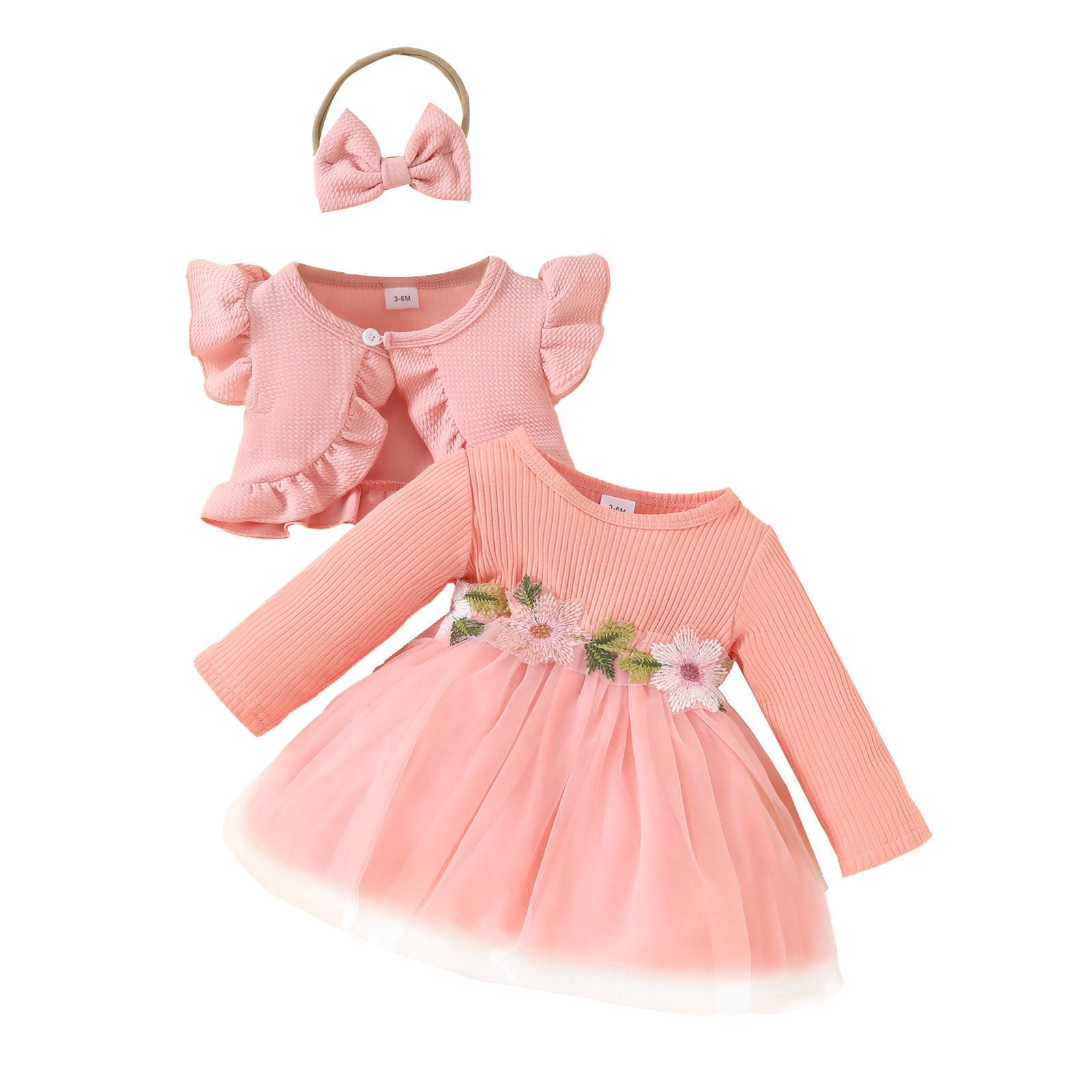 WEIYLL Outfits For Girls Long Sleeve Princess Floral Dress Ruffles Coat Tops Headbands Red Clothes Suit Size 9M