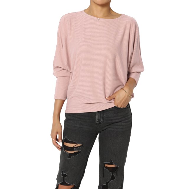TheMoogan Women's Closet-Essential Drapey 3/4 Dolman Sleeve Boat Neck Relaxed Ribbed Top