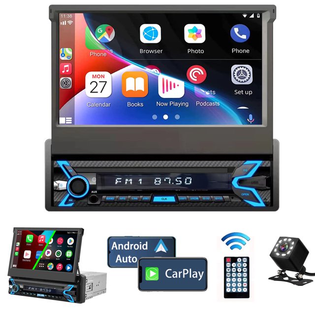 Naifay Stéréo de Voiture à Simple Din Compatible avec Apple Carplay et Android Auto, Radio de Voiture à Écran Tactile Dépliable de 7 Pouces avec Récepteurs Audio de Voiture Bluetooth Pliables, Lien Miroir/