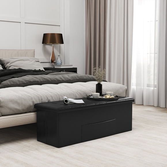 Giantex Folding Storage Ottoman, Upholstered PU Leather Bench, Collapsible Foot Rest Stool Storage Chest, Black