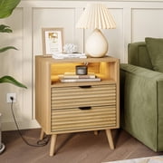 GUNAITO Fluted Nightstand for Bedroom with Charging Station Bedside Table with LED Lights Wood Nightstand with Open Shelf and 2 Drawers Oak 1pc