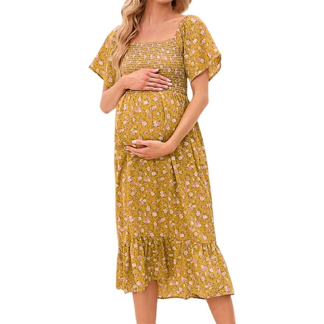 MEZZALL Robe Femme Florale à Encolure Carrée Robes Midi Robe de Maternité Enceinte Décontractée Robe Trapèze Longue Fluide à Smocks Robe Classique Tenue Quotidienne L