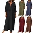 thumbnail image 2 of Xugsiok Robe en Lin pour Femmes à Boutons Manches 3/4 Col Ras du Cou Robe d'Été Couleur Unie Robes Amples Vacances Affaires Entraînement Plage Fluide Plissée Tuniques Robes Maxi d'Été, 2 of 8