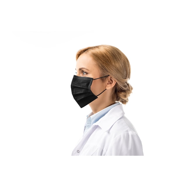 Medical Procedure Face Mask ASTM Level 3 Adult (50 Masks) - Made in Canada. A side profile view of an individual wearing a black CanadaMasq ASTM Level 3 disposable face mask. The mask features a secure nose bridge, soft ear loops, and a 3-layer construction for filtration and comfort. Suitable for healthcare settings and everyday use.