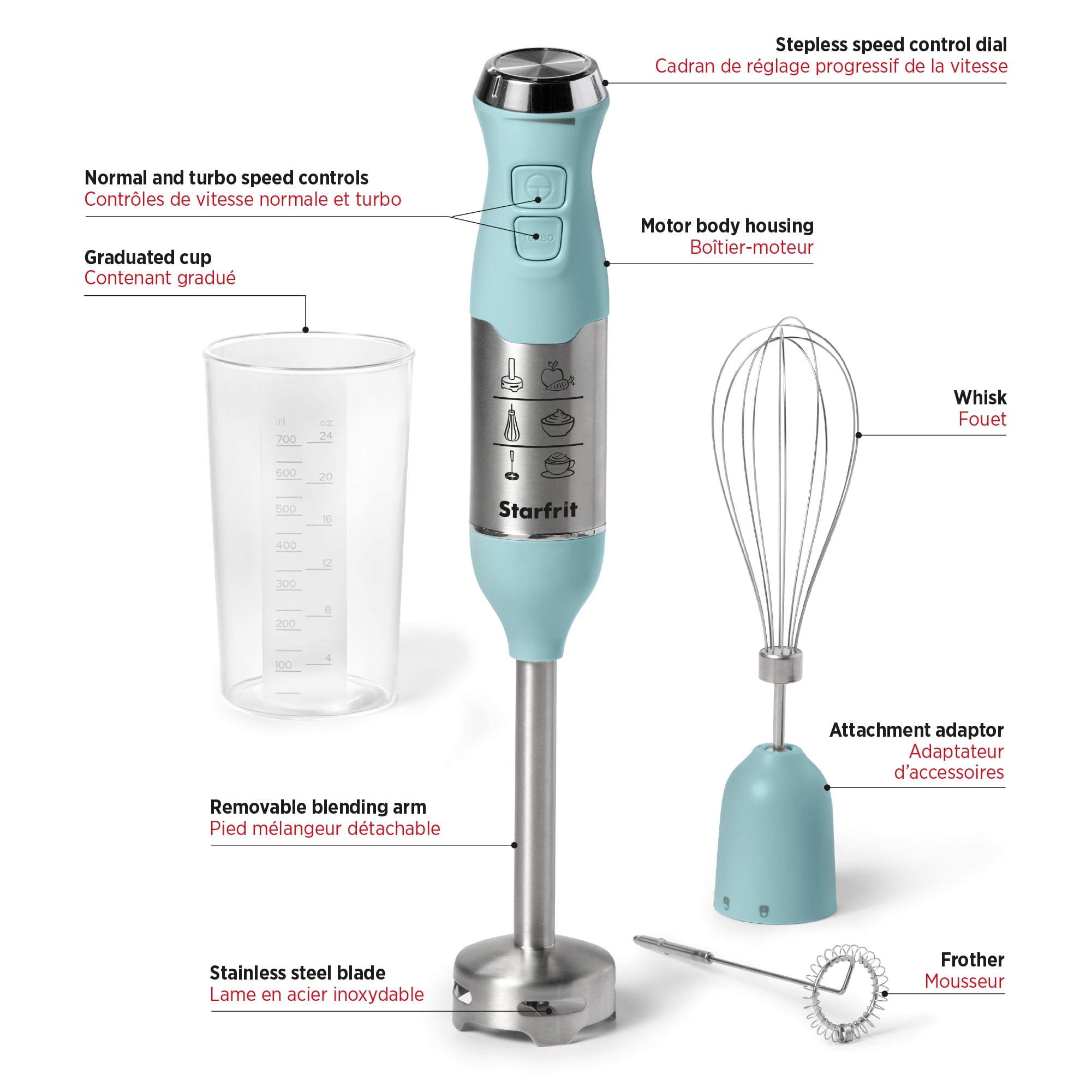 Starfrit Mélangeur à Main 3-En-1, 150W, Avec Fouet Et Mousseur, En Acier Inoxydable Amovible, Vitesse Turbo, Bleu