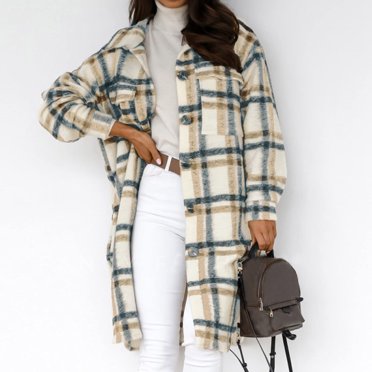 Drppepioner Womens Plaid Long Wool Blend Coat Shacket Jackets Long Sleeve Button Down Casual Boyfriend Flannel Shirts