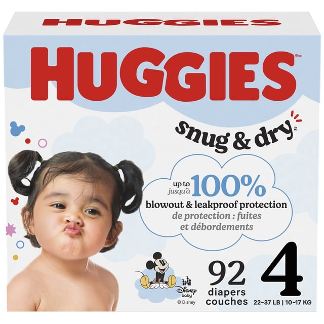 Huggies Snug & Dry Baby Diapers Size 4 box containing 92 diapers for babies 22-37 lbs (10-17 kg), with red Huggies logo, Disney Mickey Mouse design, and up to 100% blowout and leakproof protection, featuring a snug and stretchy fit.