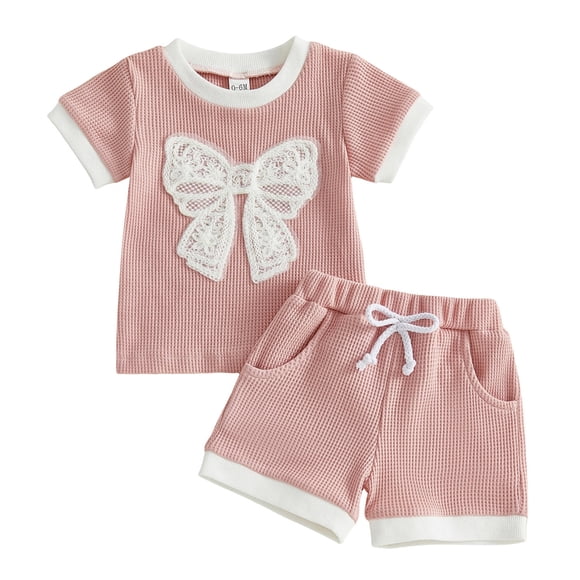 Splozh Vacation Outfits Baby Girl Summer Clothes Short Sleeve Bows Embroidered T Shirt Tops Pockets Shorts Set Toddler Knit Outfit Pink,2-3 Years