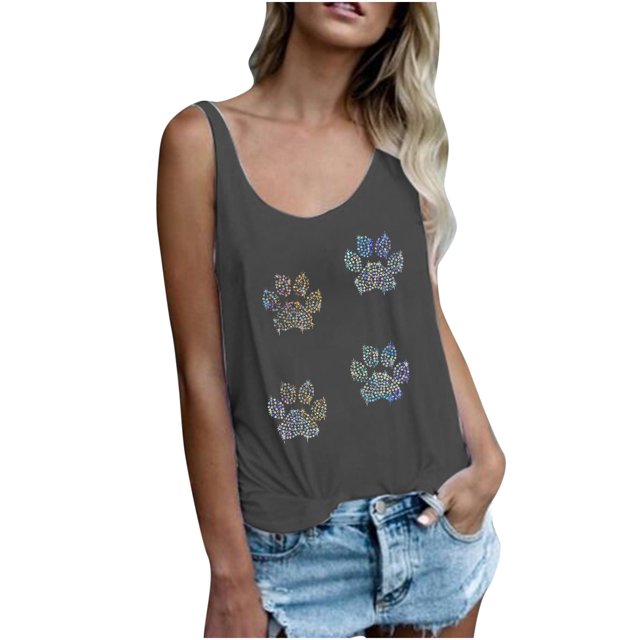 CEHVOM Women‘s Casual Solid Color Round Neck Colorful Sequin Printed Vest Top