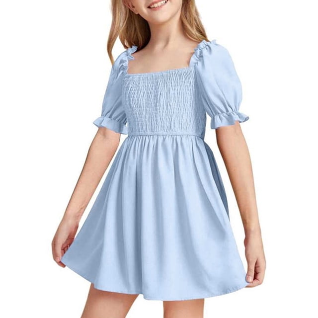 Robe Fille Manches Bouffantes Robes Soleil Robe Chic Robe Évasée à Étages Ligne A Robe Smockée pour Filles Robes de Demoiselle d'Honneur