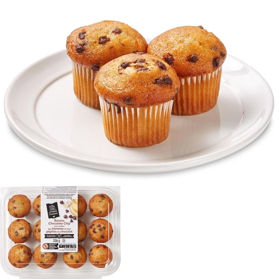 Mini muffins aux bananes et aux pépites de chocolat Mon marché fraîcheur, 12 muffins, 336 g au total