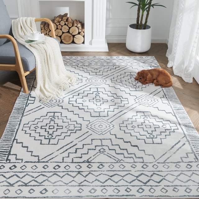 Rugking Area Rug 4X6 Moroccan Rug In Home Grey Modern Geometric Mat Contemporary Soft Thin Rug Indoor Door Mat Non Slip Carpet for Kitchen Bedroom Dining Room