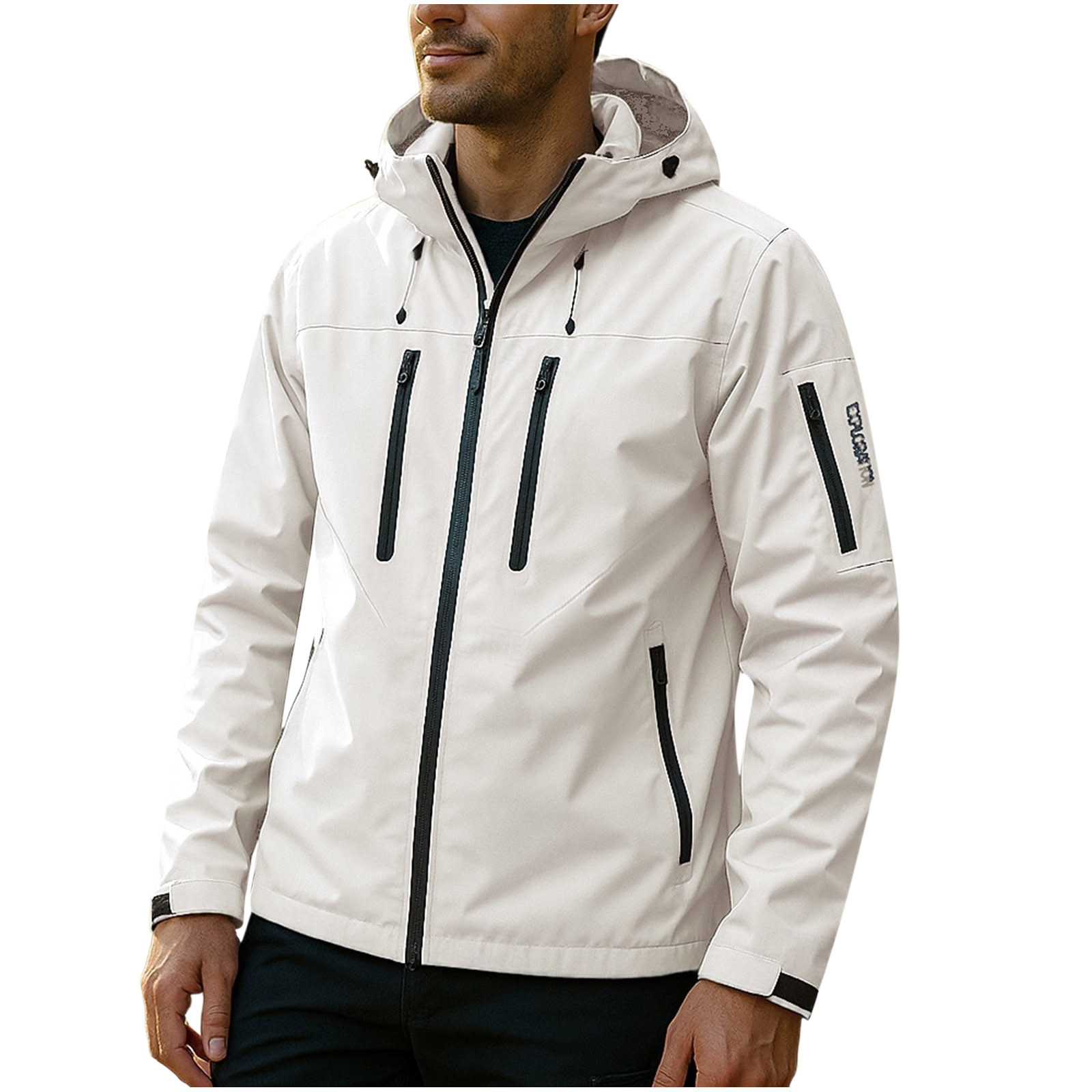 Lovzfmll Men's Rain Jacket Waterproof Windproof Hooded Outdoor Shell White, S