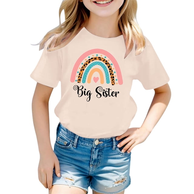 FhsagQ The 7th Of July Filles Mode Décontractée Lettre Col Rond Manches Courtes T-Shirt Haut Petites Filles T-Shirts Taille 5/6 Printemps Pâques Petites Filles T-Shirts Taille 9/10 Été Beige 4-5 Ans