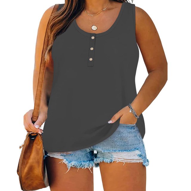 AherBiu Womens Plus Size Tank Tops Summer Sleeveless T-Shirts Tops Button down Loose Fitting Stretchy Tank Tops