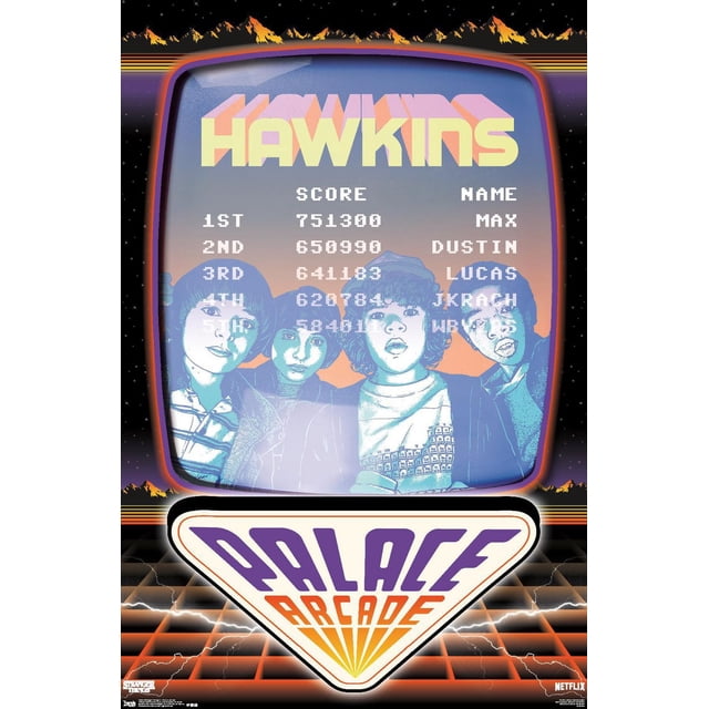 Netflix Stranger Things: Season 2 - Palace Arcade Wall Poster, 22.375" x 34" featuring a retro arcade game screen with 'HAWKINS' in large yellow and pink 3D letters. The screen shows a high score leaderboard with names Max, Dustin, Lucas, JKL, and WRS and their scores. Below is a triangular 'PALACE ARCADE' logo in purple and orange. The background includes a starry night sky, orange mountain silhouettes, and a glowing grid floor with lightning effects, evoking an 80s arcade style.
