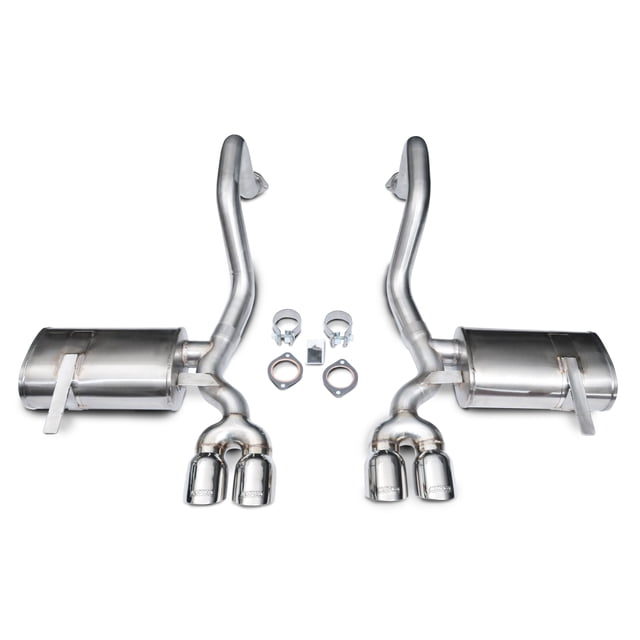 Corsa Xtreme Axle Back Exhaust System Kit designed for 1997-2004 Chevy Corvette. Features a dual rear exit with quad 3.5-inch round slant-cut stainless steel tips and a 2.5-inch pipe diameter. Constructed from premium-grade 304 stainless steel, this system includes mufflers and a straight-through design for improved airflow, performance, and fuel economy. Mandrel bends increase airflow by up to 75% compared to stock, with an average gain of 10 horsepower and 11 ft-lbs of torque. Includes all necessary components for easy bolt-on installation, no welding required.