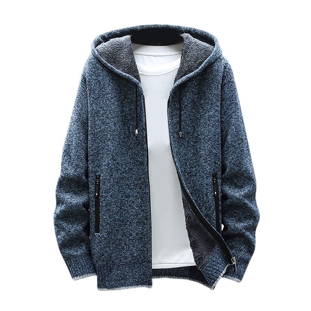 Mens Jacket Classic Solid Color Knitted Sweater Cardigan Sweater Slim Jacket in a heathered blue color. The jacket features a zip-up front, a hood with drawstrings, and plush fabric lining for warmth. It has two zippered side pockets and ribbed cuffs for a snug fit. Shown layered over a white shirt.