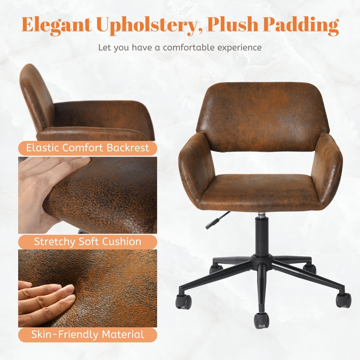 Homy Casa Compact Home Office Chair, Brown Faux Suede Desk Chair with 360° Swivel, Adjustable Height and Rolling Base