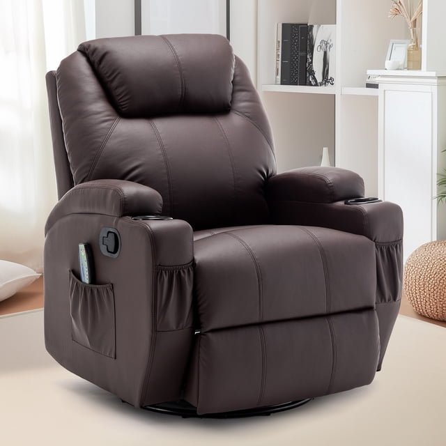 YSICK Swivel Rocker Recliner Chair with Massage PU Leather for Living Room,Brown
