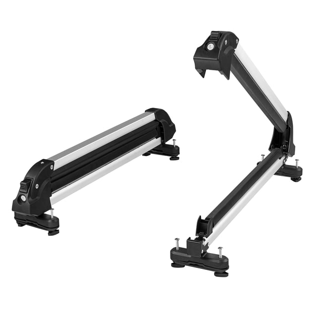 KFFKFF Ski Snowboard Roof Rack 31.7" Universal Ski Rack for Car Roof with Lock, shown in a sleek, lightweight aluminum design with black and silver accents. The rack features extended rubber padding for scratch protection and a user-friendly locking mechanism. Compatible with most crossbar racks, it securely holds up to 6 pairs of skis or 4 snowboards. Includes anti-theft lock system and mounting hardware for easy installation.