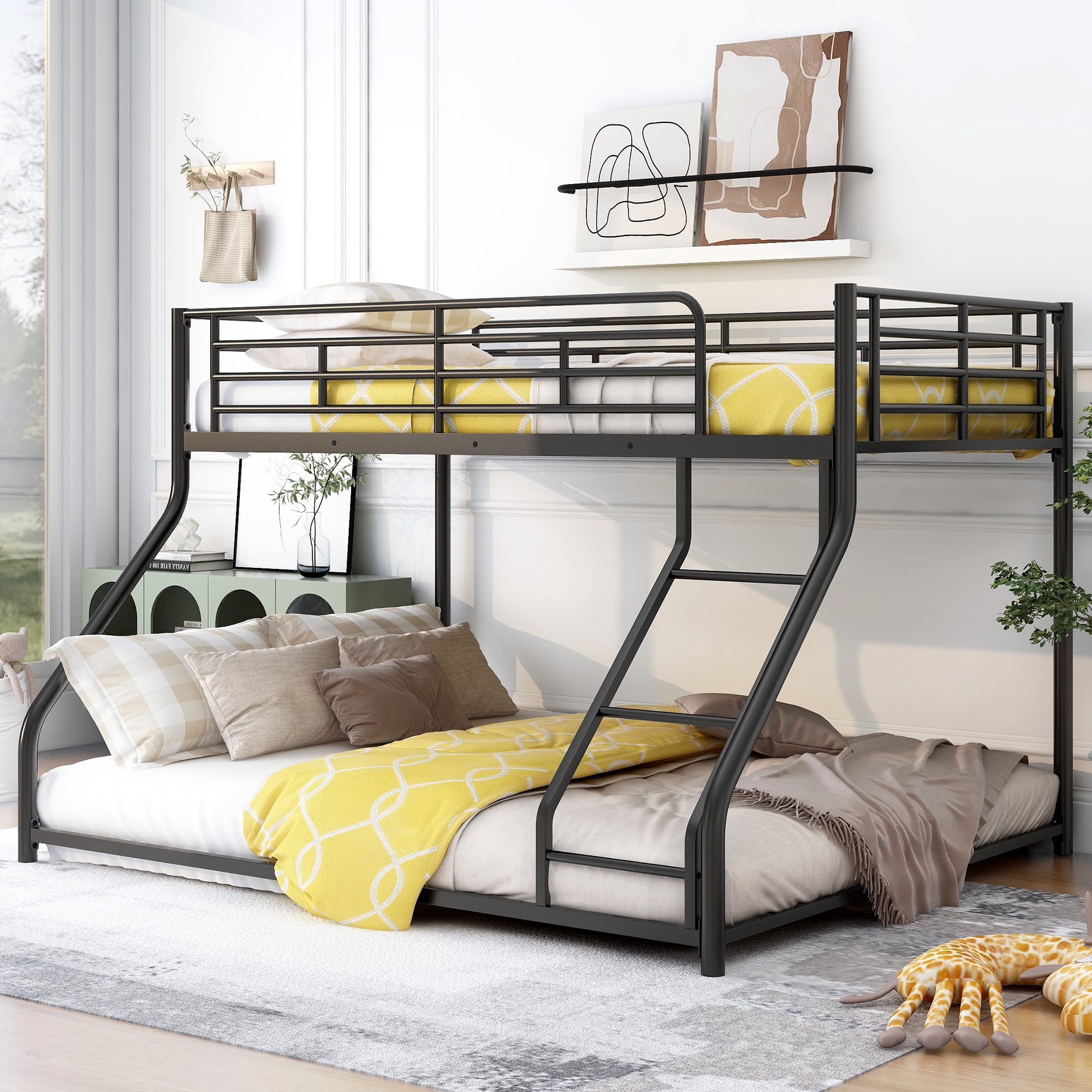 Noble House Full XL Over Queen Metal Bunk Bed,Black Industrial Frame with Guardrails & Slats,Black