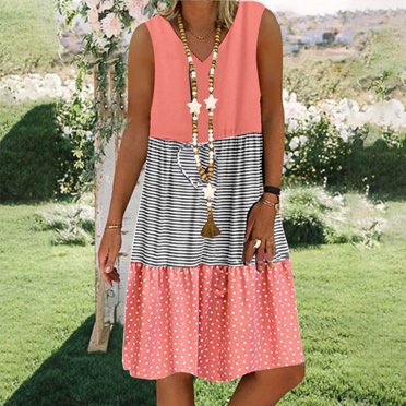 Meichang Women's Sleeveless Summer Dresses Casual V Neck Striped Print Color Block Patchwork Knee-Length Dresses Ruffle Tiered Midi Dresses Loose Fit Flowy Sundresses