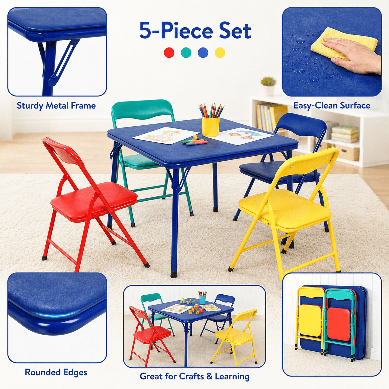 Homy Casa 5-Piece Preschool Activity Table Set, Foldable 24-Inch Kids Table with 4 Colourful Steel Frame Chairs