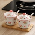 thumbnail image 2 of Hand Drawn Pattern Sugar Bowl With Lid, Ceramic Teacup Shape Sugar Pot, Coffee Accessories, Sugar Pourer, Kitchen Storage-Pink Rose-2 Set, 2 of 8