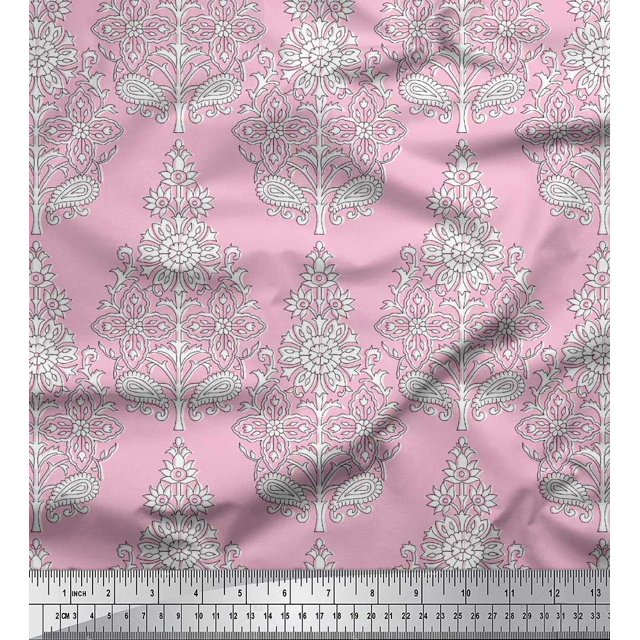 Soimoi Cotton Cambric Fabric Leaves & Floral Block Printed Fabric 1 Yard 56 Inch Wide