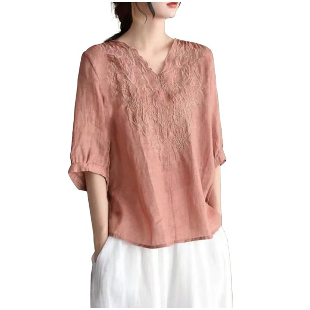 Pisexur Haut à Manches Courtes à Col Rond Brodé Rétro à la Mode pour Femmes, Hauts pour Femmes, Blouses Habillées Décontractées, Hauts pour Femmes Rose, G