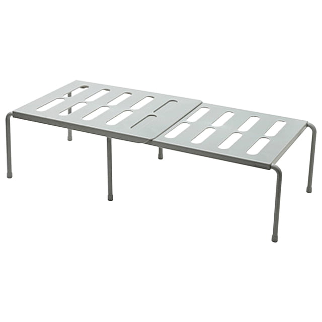 Cabinet Shelf Expandable Stackable Kitchen Cabinet Counter Shelf Storage Organizer in grey, made of high-quality ABS material. Features an adjustable length from 15.94 to 26.77 inches, a hollow-out bottom design for drainage, and sturdy legs for stability. Suitable for organizing plates, cups, and other items in cabinets, countertops, or refrigerators. Ideal for use in kitchens, bathrooms, or other storage spaces.
