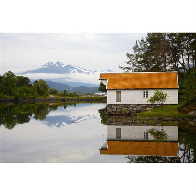 Posterazzi DPI1890589LARGE Open-Air Museum, Cottage Reflecting In Lake Poster Print, 38 x 24 - Large