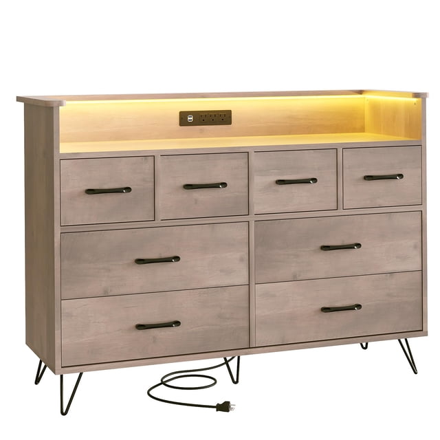 BeesClover Commode Moderne à 8 Tiroirs avec Lumières DEL, Station de Recharge Intégrée, Grand Rangement, Dimensions 49.08 Pouces x 16.73 Pouces x 35.43 Pouces, Parfaite pour la Chambre, le Salon et l'Entrée