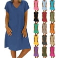 thumbnail image 1 of Meichang Robe Midi en Coton et Lin pour Femme Été Couleur Unie Manches Courtes Col en V Robes T-Shirt Décontractées Coupe Ample Fluide Robe de Plage, 1 of 6