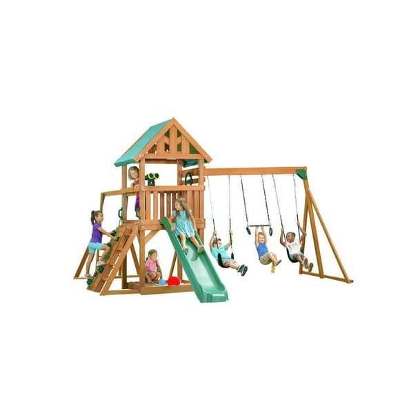 Creative Cedar Designs Ensemble de jeu en bois avec mur de roche, toboggan et balançoires (Vert)